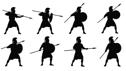 Eight black silhouette ancient Greek or Roman warriors with spears and round shields in dynamic combat poses, a, isolated on white background