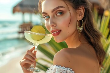 Stunning woman with striking eyes enjoying a refreshing margarita cocktail garnished with lime on a sunlit tropical beach or resort vacation.