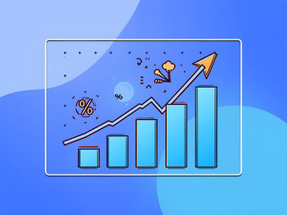 An illustration of a bar and line graph showing business growth and statistical data on a blue background, symbolizing analytics, finance, and corporate development