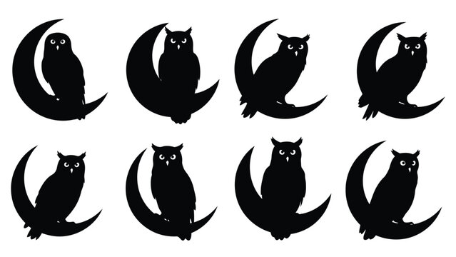 Eight black owl silhouettes with prominent white eyes perched on crescent moons in various poses, minimalist flat vector, isolated on white background