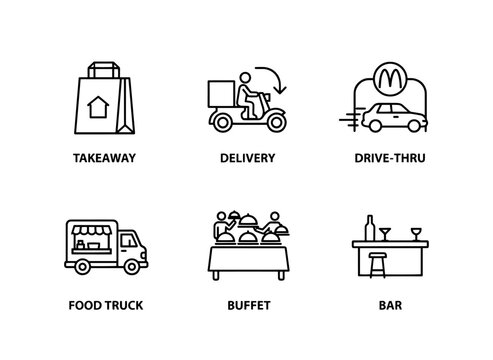 Takeaway Delivery Drive Thru Food Truck Buffet Bar Minimal Bold Line Icon Set