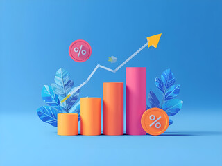 An illustration of a bar and line graph showing business growth and statistical data on a blue background, symbolizing analytics, finance, and corporate development