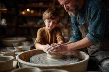 Pottery instructor helps child shape clay during pottery class in cozy studio setting