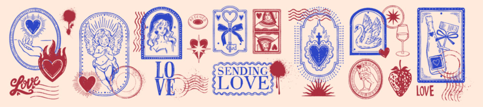 Valentine day mail stamp, love holiday postal print, romantic engraving heart vintage illustration. Wedding invitation graphic, cupid angel sign, envelope decor design. Valentine mail ink sticker