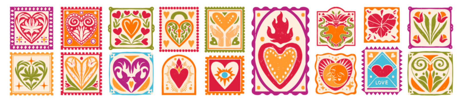 Valentine day stamp set, hand drawn heart postal print, romantic love holiday celebration sticker. Passion letter square badge, geometric greeting festive mosaic sticker. Flower Valentine mail stamp