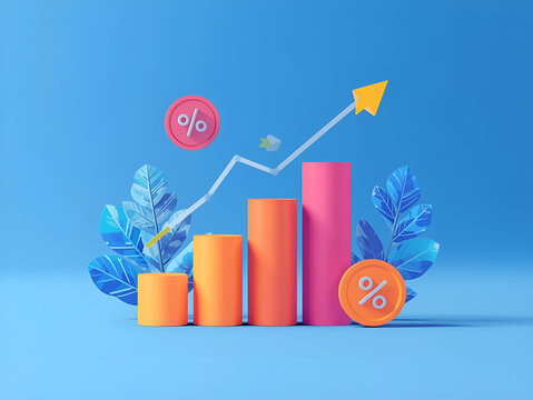An illustration of a bar and line graph showing business growth and statistical data on a blue background, symbolizing analytics, finance, and corporate development - Powered by Adobe