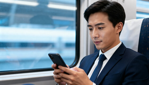 young professional man in suit using smartphone on train during business travel