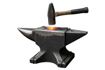 Blacksmith hammer striking hot glowing metal on the steel anvil surface on a transparent background
