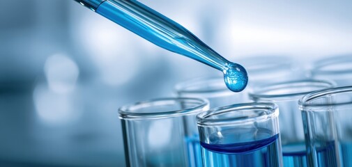 The pipette delivering a blue reagent into glass test tubes in laboratory