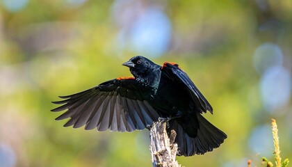 Black bird with red shoulder patches spreads wings on branch against a blurred, bright, green and blue bokeh background