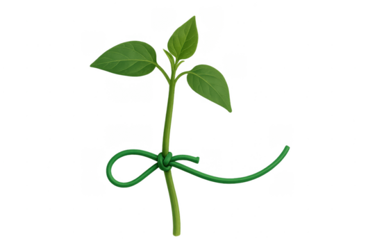 Young green sprout growing with support tie