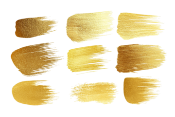 Collection of golden paint brush strokes isolated on transparent background