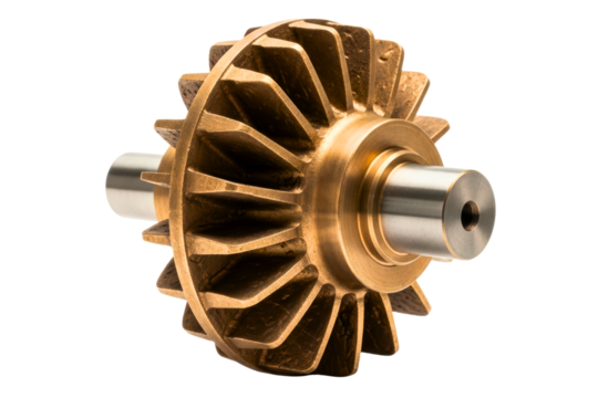 Industrial brass pump impeller with blades and metal shaft component on a transparent background
