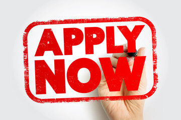 APPLY NOW stamp with hand holding marker, forming a bold rectangular frame urging immediate action, highlighting recruitment, opportunity, and participation through a textured promotional label
