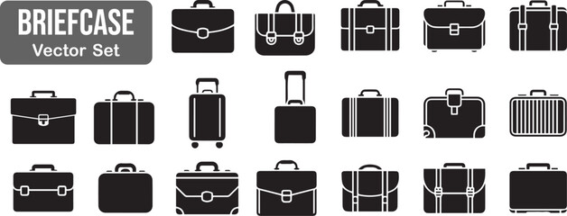 black briefcase  set design with handle and latch illustrated on a plain white backdrop, 19 different style briefcase vector design for personal use or company, unique & clean design set. 