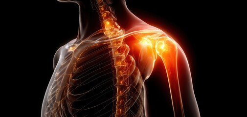 The Shoulder Anatomy Illustration Showing Glowing Rotator Cuff, Bones, Muscles, and Spine