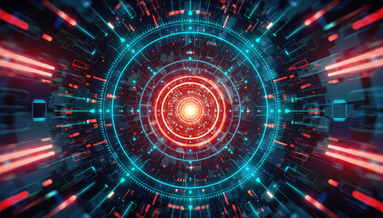 Technological Cosmos: A dynamic view showcasing a futuristic technological tunnel, with vibrant red and blue neon lights creating a sense of energy and advanced design.
