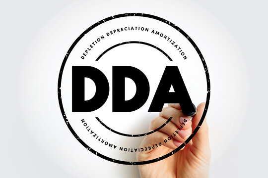 DDA text stamp with hand holding marker, showing Depletion Depreciation Amortization, creating a bold financial label concept with textured edges and a clear focus on the written terms