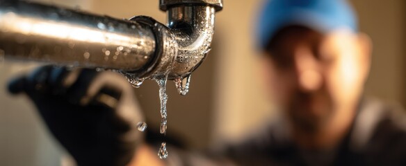 The Faucet Dripping Water During Professional Plumbing Repair With Gloved Hand