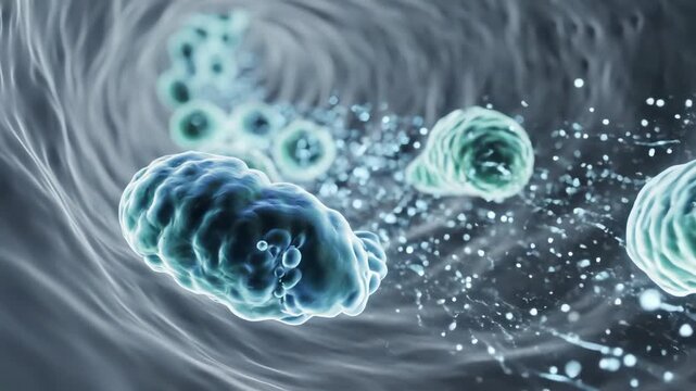 Macrophages traveling through lymphatic channels, drifting like soft glowing shapes, occasional movements show them adjusting position in response to subtle chemical signals