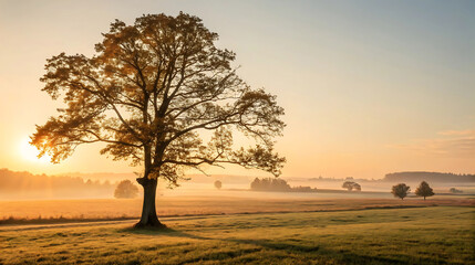 Solitary oak tree in a misty field at sunrise