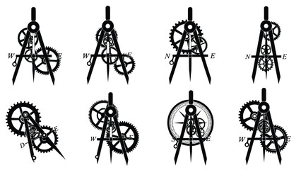 Set of eight black silhouette vector illustrations featuring drafting compasses intricately combined with mechanical, isolated on white background