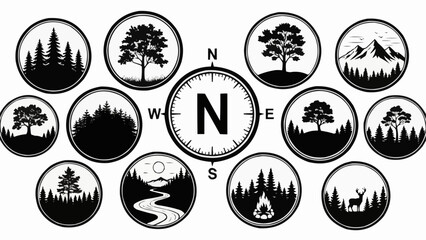 Set of black and white circular nature and adventure icons with a compass.