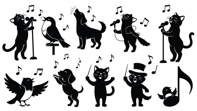 Collection of singing and musical animal silhouettes including cats, dogs, and birds performing in a joyful choir or, isolated on white background
