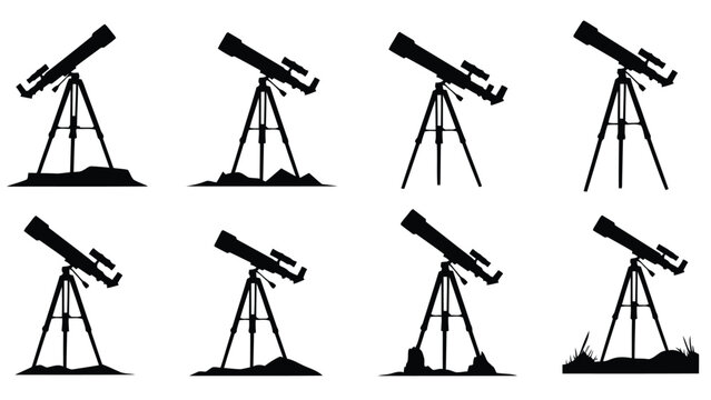 Collection of eight black silhouette vector icons representing astronomical telescopes mounted on tripods showing, isolated on white background