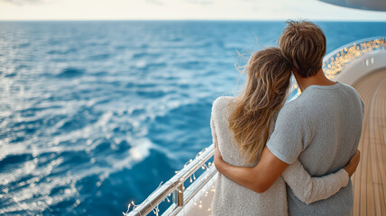 Loving couple stands on the deck of a modern luxury yacht adorned with warm Christmas lights, with the calm sea stretching behind them.