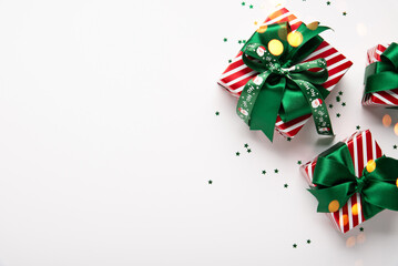 Merry Christmas and Happy Holidays greeting card, frame, border, banner. New Year. Red green...