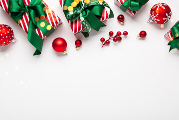 Merry Christmas and Happy Holidays greeting card, frame, border, banner. New Year. Red green...