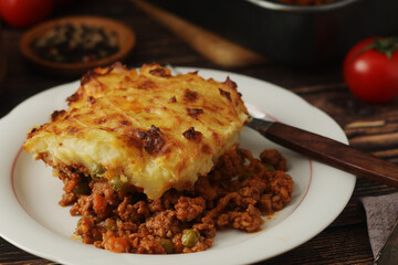 A shepherd's pie, freshly backed and ready to be served. Traditional English dish	