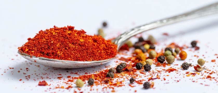 The spoon filled with paprika and scattered mixed peppercorns on white background - Powered by Adobe