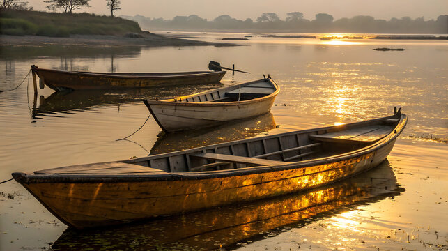 Three wooden boats floating on water at sunrise - Powered by Adobe
