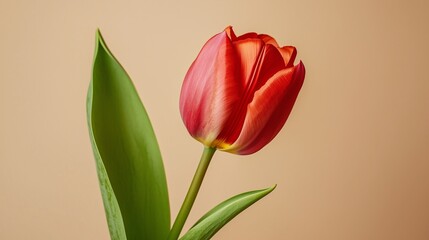 Bright Red Tulip With Green Leaves Against a Soft Background