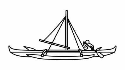 Polynesian Outrigger Canoe with Sail and Paddler Line Art.