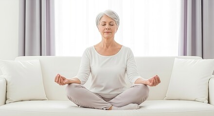 Serene senior woman practices meditation for holistic well-being and relaxation at home