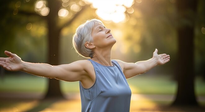 Serene senior woman embracing sunlight and nature with open arms outdoors