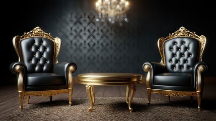 Elegant black and gold chairs with matching table in luxurious interior setting at night