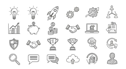 Startup Line Icons on White &ndash; Modern Business, Innovation, and Entrepreneurship