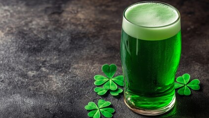 Green Beverage in a Glass With Shamrocks on a Dark Surface for a Festive Celebration
