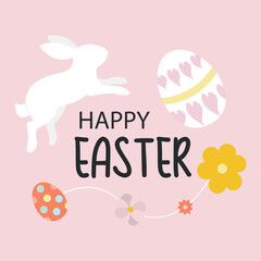A vector illustration for Happy Easter holiday celebration. The design features a white jumping bunny silhouette, decorated Easter eggs, and spring flowers on a pink background