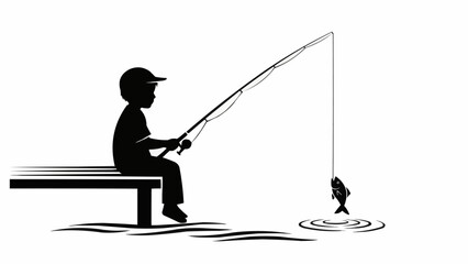 Silhouette of a Boy Fishing with a Catch on a Dock.