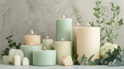Decorative Candles Displayed Among Greenery for a Calming Atmosphere in a Minimalistic Setting