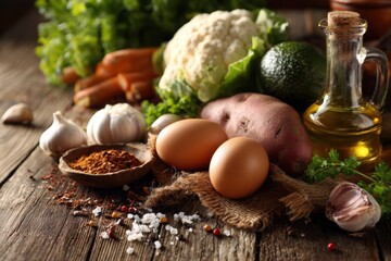 Fresh and healthy food ingredients arranged on a wooden table under bright sunlight, perfect for cooking nutritious meals at home
