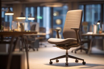 Sleek office chair stands out in a modern workspace filled with gently blurred desk lamps and workstations during the workday