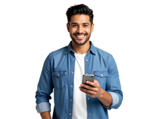Cheerful tech-savvy young male holding a smartphone and looking at the screen, casual modern lifestyle portrait, isolated on a transparent background, PNG 