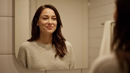 Young woman smiling, looking at her happy reflection in bathroom mirror