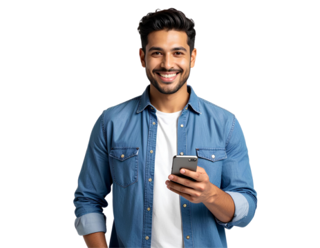 Cheerful tech-savvy young male holding a smartphone and looking at the screen, casual modern lifestyle portrait, isolated on a transparent background, PNG 